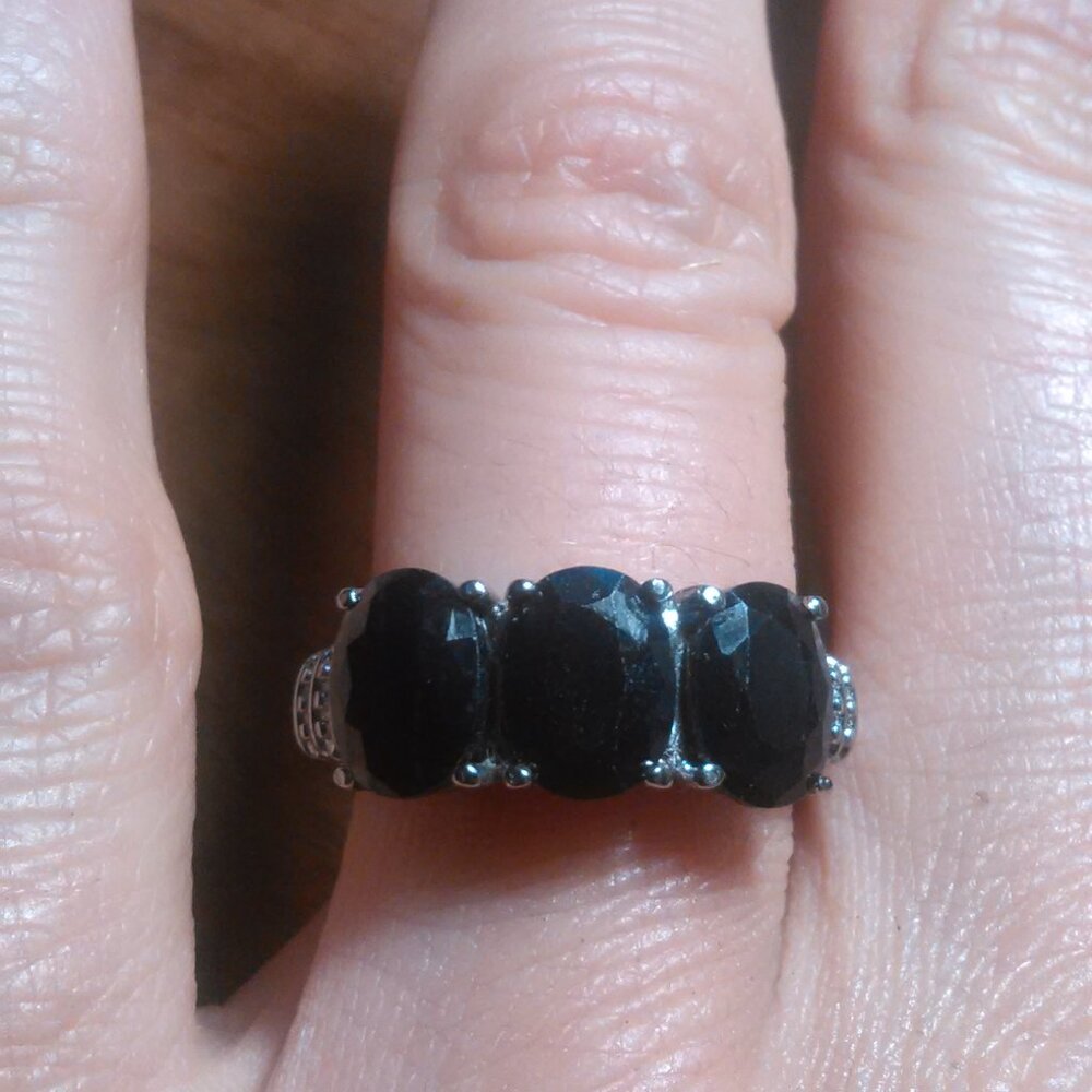 Midnight Sapphire Three Stone Stainless Steel Ring (Size 7) - Picture 6 of 14